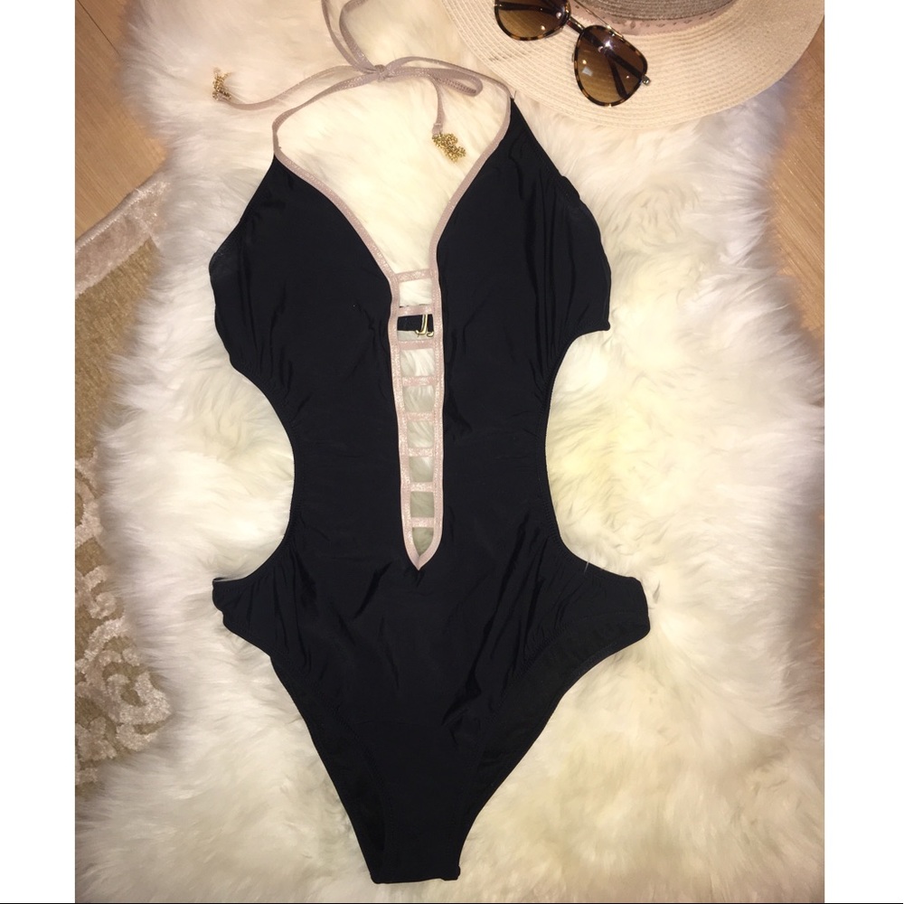 Navy and Gold Cutout Backless One Piece